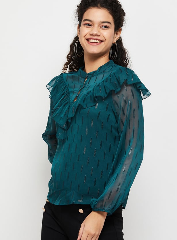 Women Textured Full Sleeves Ruffled Casual Top