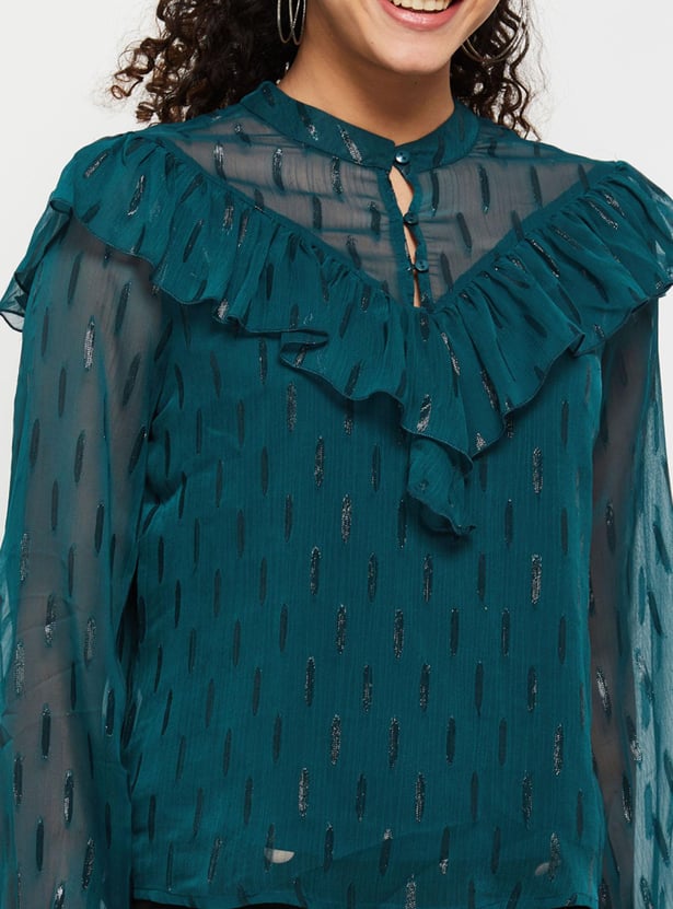Women Textured Full Sleeves Ruffled Casual Top