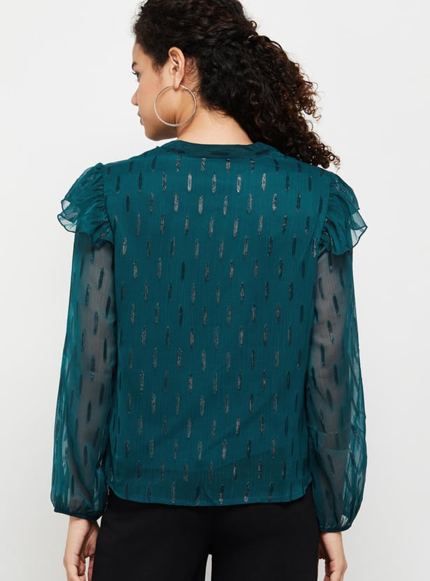 Women Textured Full Sleeves Ruffled Casual Top