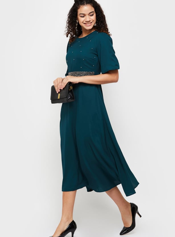 MAX Women Embellished Puffed Sleeves Midi Dress