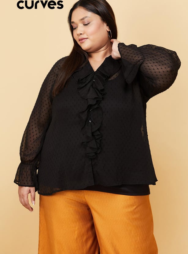 Women Textured Ruffled Neckline Top