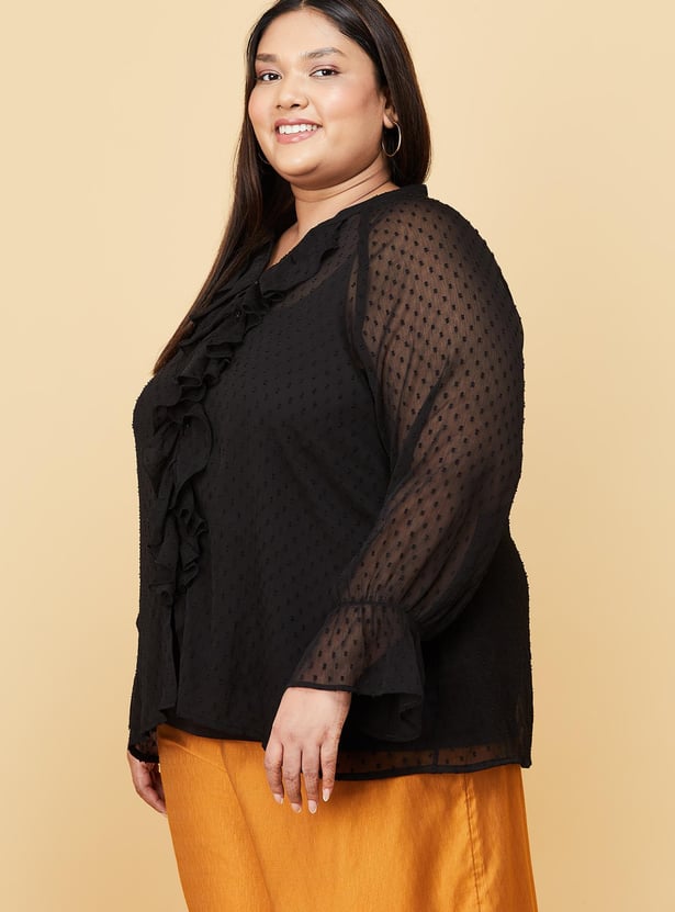 Women Textured Ruffled Neckline Top