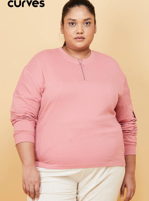 Women Solid Zip Placket Cropped Sweatshirt