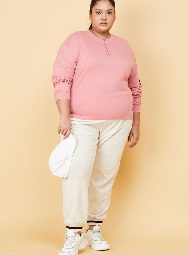 Women Solid Zip Placket Cropped Sweatshirt