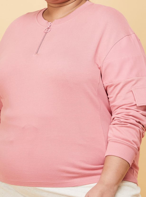 Women Solid Zip Placket Cropped Sweatshirt