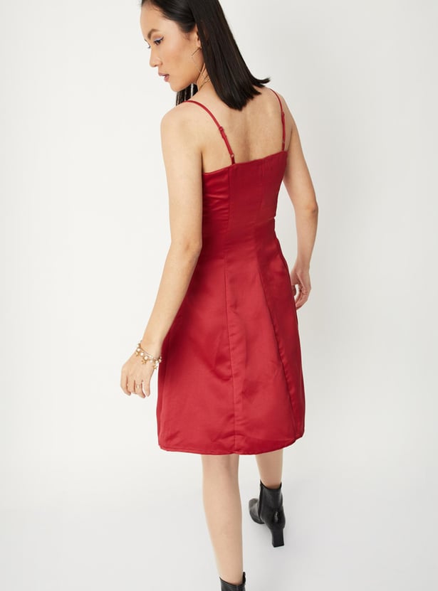 Women Solid Strappy A-line Satin Dress