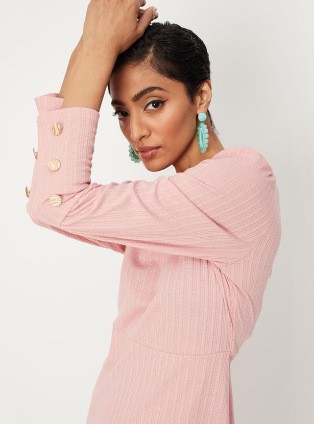 Women Textured Knit Dress with Buttoned Cuffs