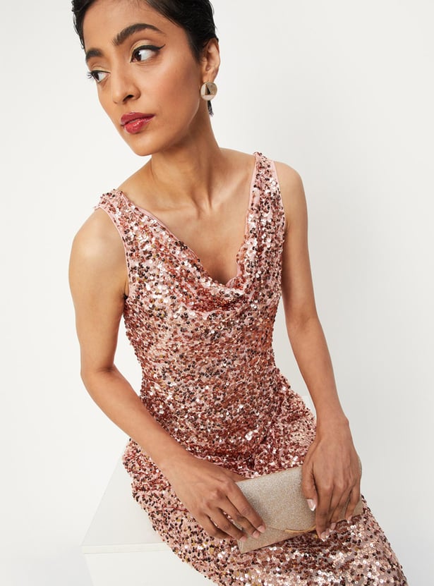 Women Sequinned Cowl Neck Dress