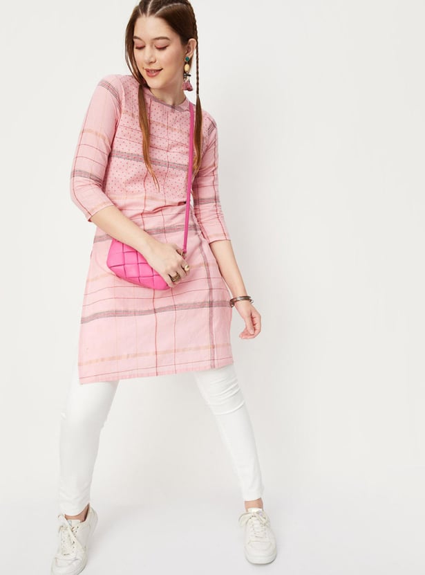 Women Checked Woven Straight Kurta