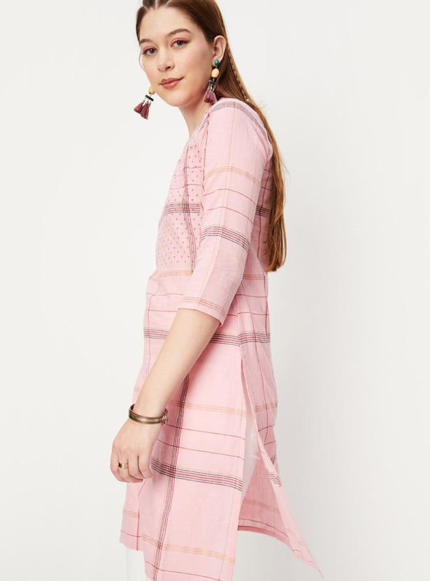 Women Checked Woven Straight Kurta