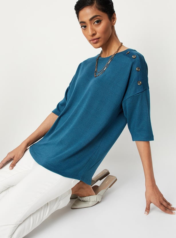 Women Textured Button-Detailed T-shirt