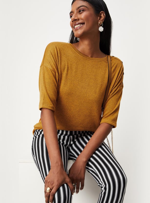 Women Textured Button-Detailed T-shirt