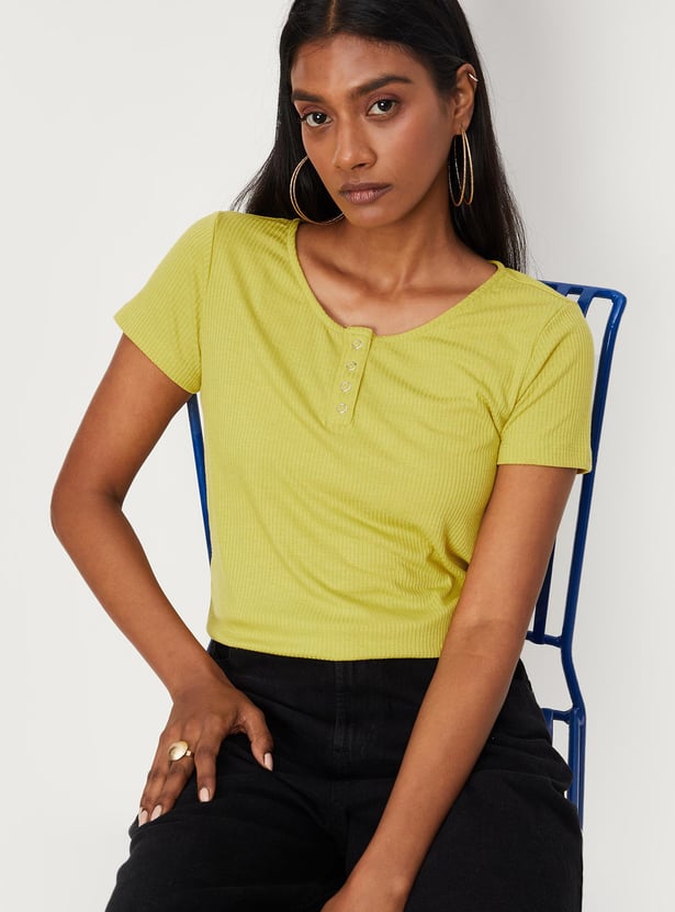 Women Rib Knit Henley T-shirt