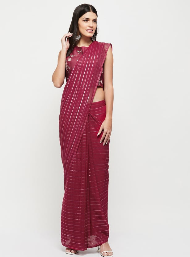 Women Striped Pre-Stitched Saree and Blouse