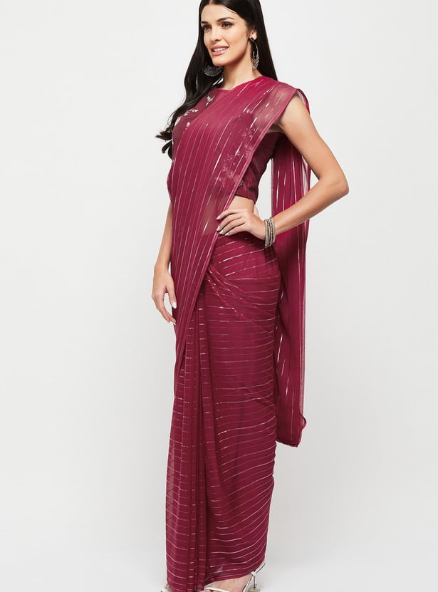 Women Striped Pre-Stitched Saree and Blouse