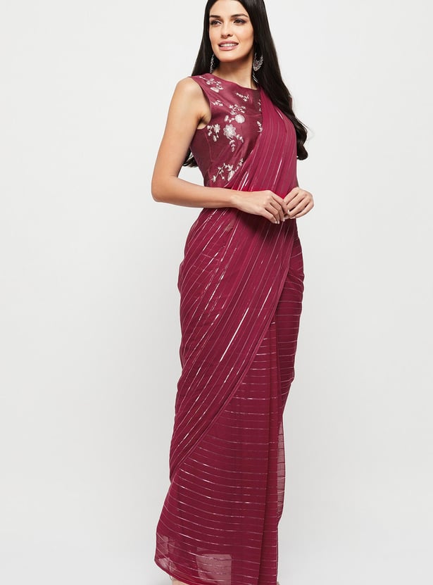 Women Striped Pre-Stitched Saree and Blouse