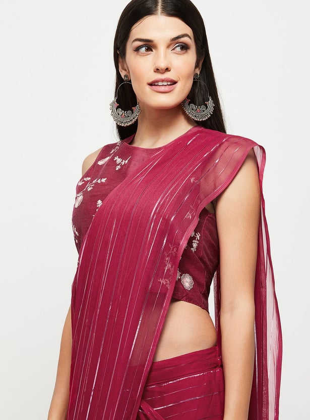 Women Striped Pre-Stitched Saree and Blouse