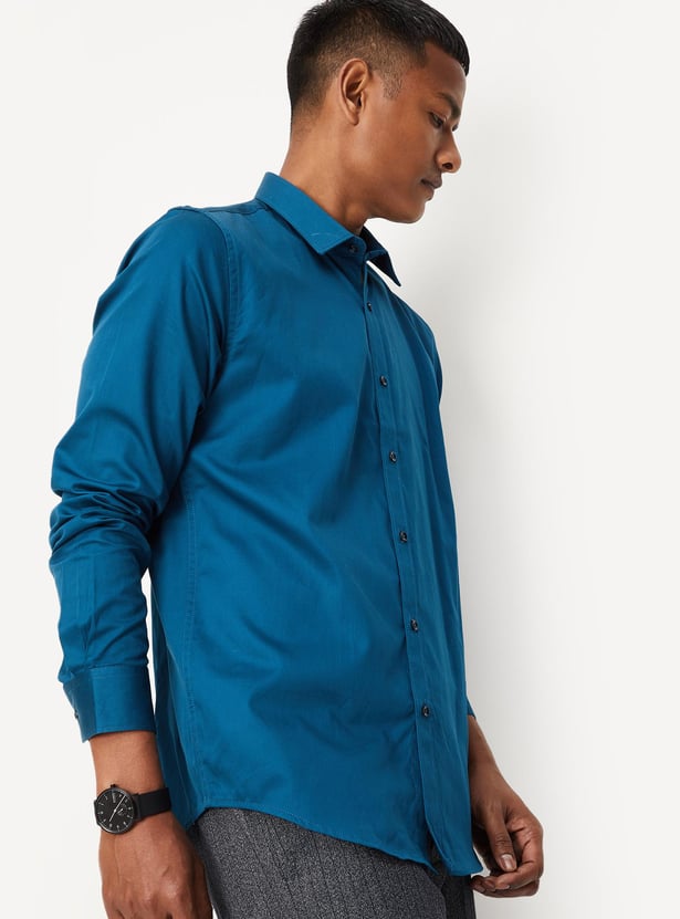 Men Solid Sateen Stretch Slim Fit Formal Shirt