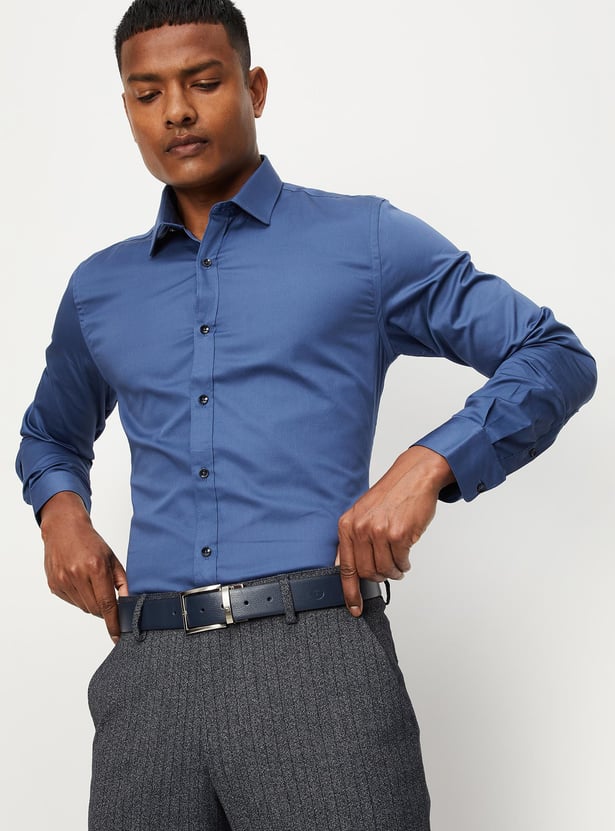 Men Solid Sateen Stretch Slim Fit Formal Shirt