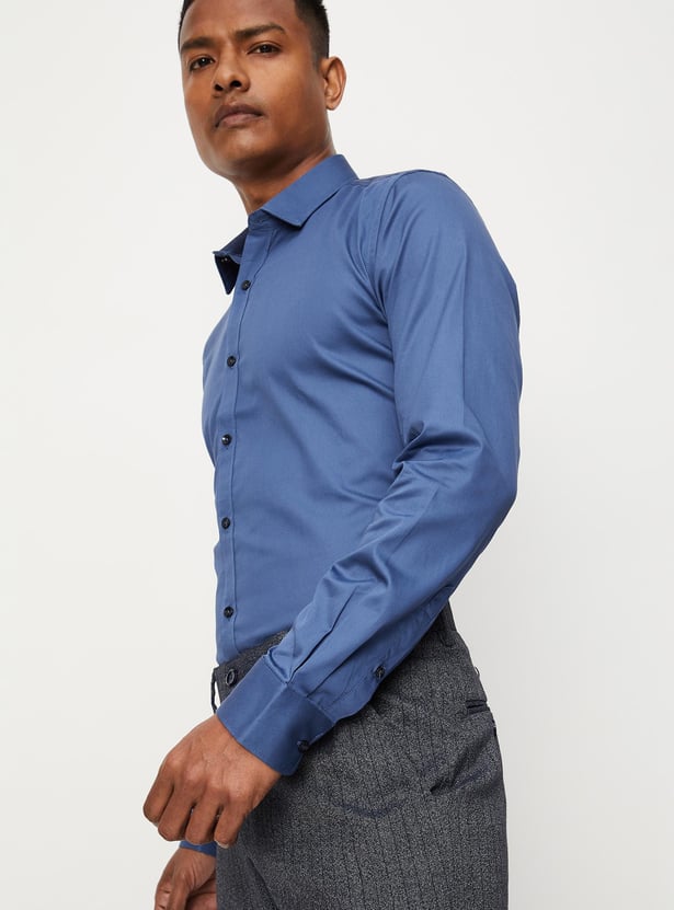 Men Solid Sateen Stretch Slim Fit Formal Shirt