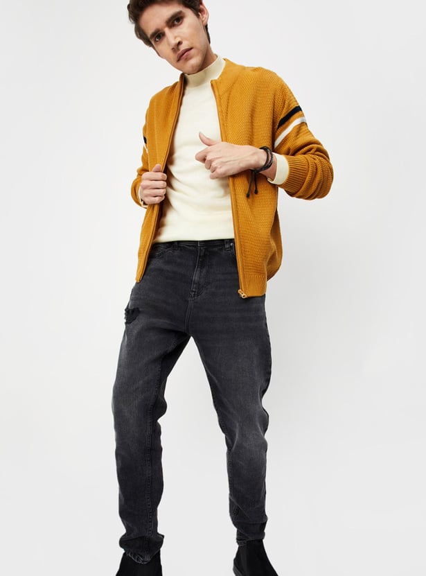 Men Textured Mock Collar Zip Sweater