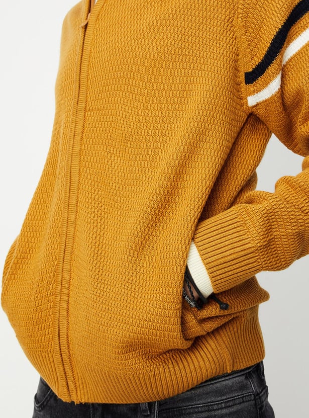 Men Textured Mock Collar Zip Sweater