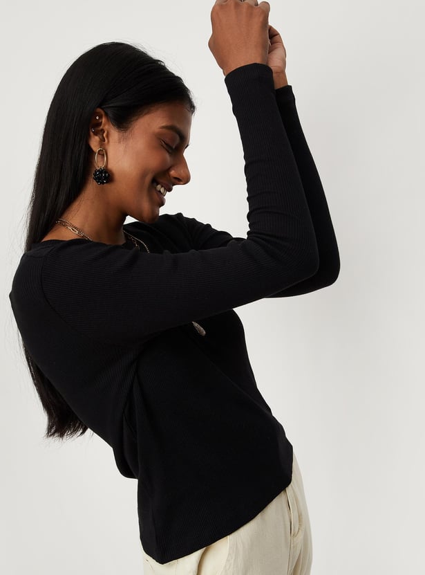 Women Ribbed Full Sleeves T-shirt