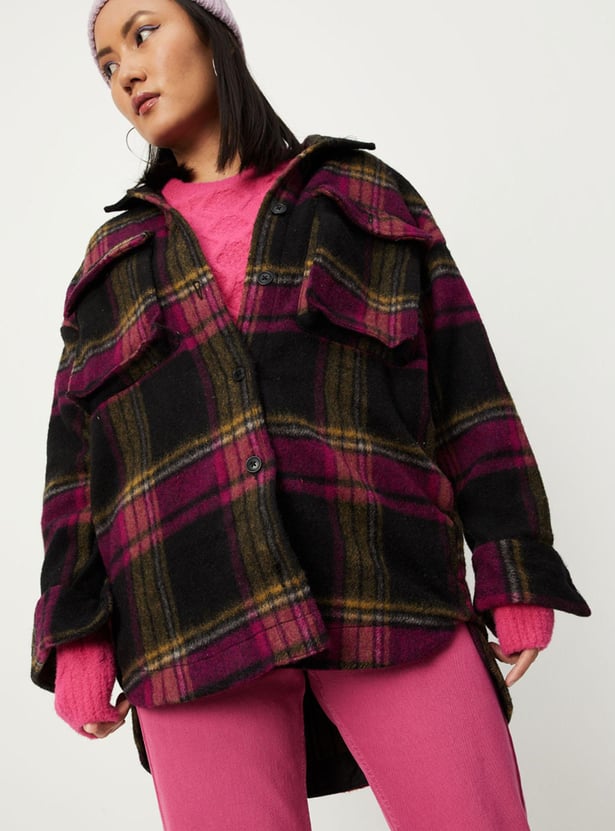 Women Checked Yarn Dyed Oversized Shirt Jacket
