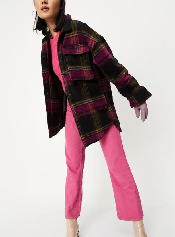 Women Checked Yarn Dyed Oversized Shirt Jacket