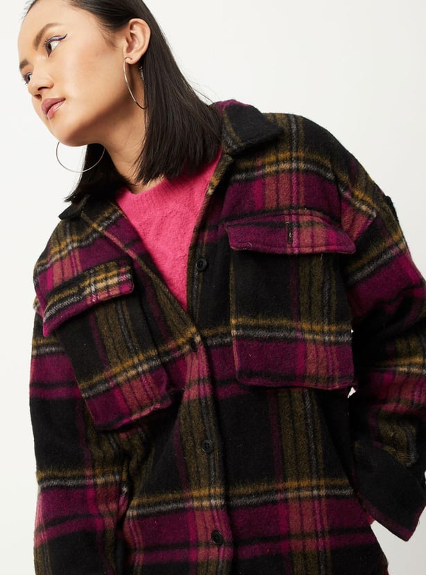 Women Checked Yarn Dyed Oversized Shirt Jacket