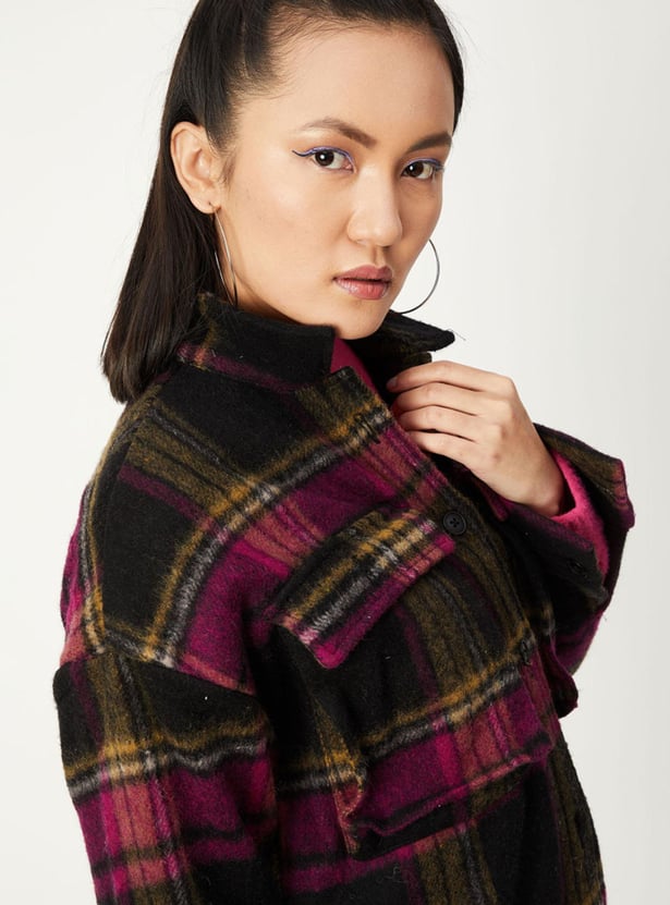 Women Checked Yarn Dyed Oversized Shirt Jacket