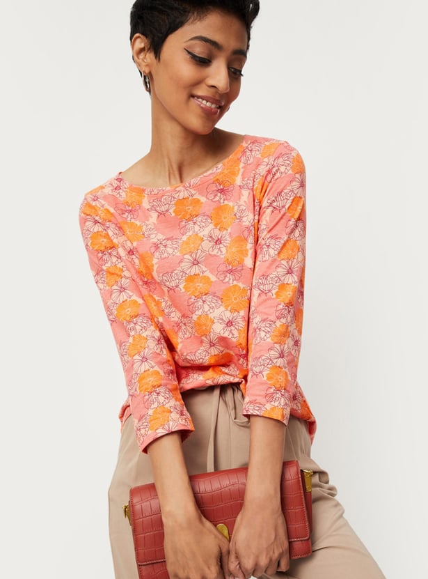 Women Floral Printed Boat Neck T-shirt