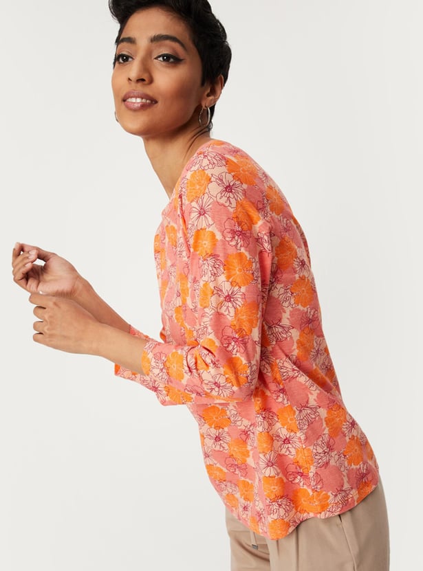 Women Floral Printed Boat Neck T-shirt