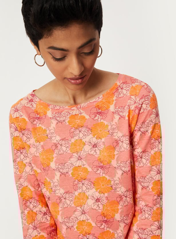 Women Floral Printed Boat Neck T-shirt