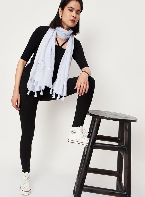 Women Embroidered Tassel Scarf