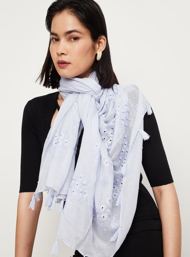 Women Embroidered Tassel Scarf