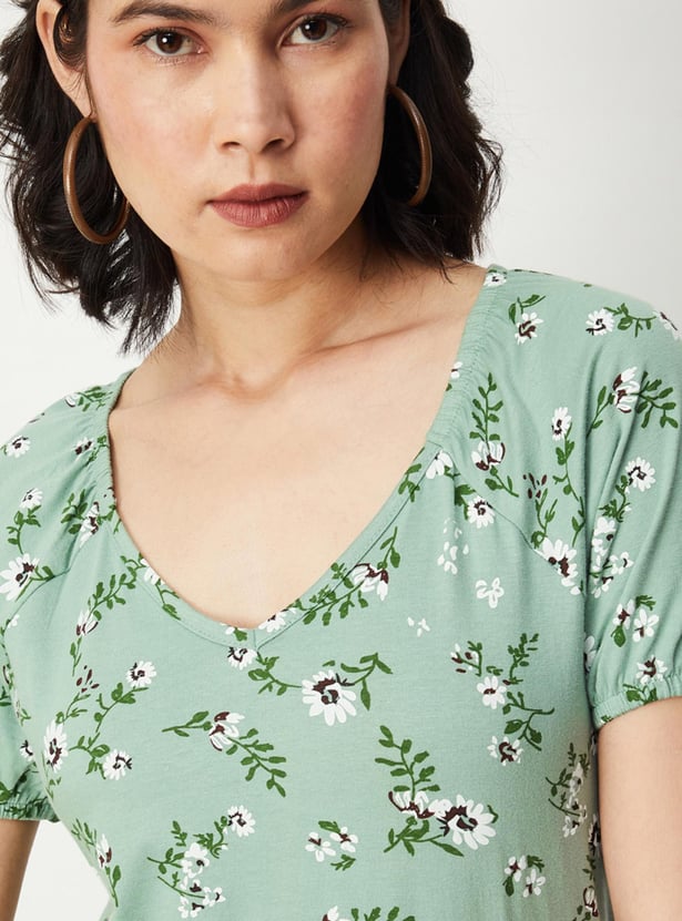 Women Floral Printed Raglan Sleeves Top