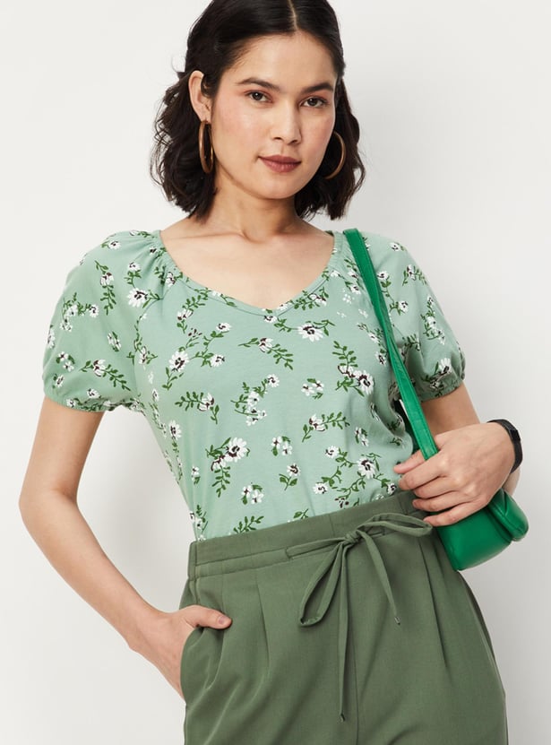 Women Floral Printed Raglan Sleeves Top