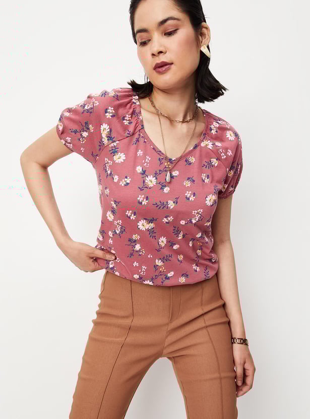 Women Floral Printed Raglan Sleeves Top