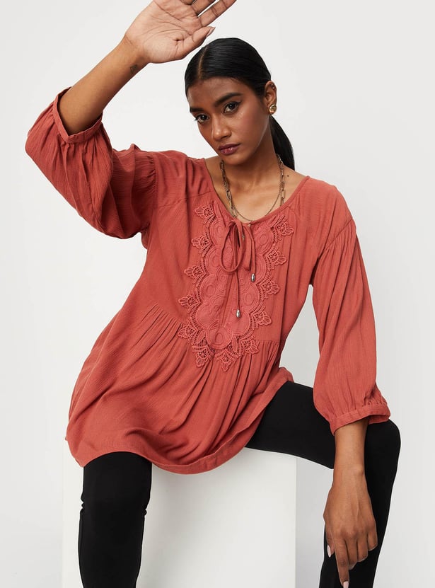 Women Lace Yoke Tie-Up Neck Tunic