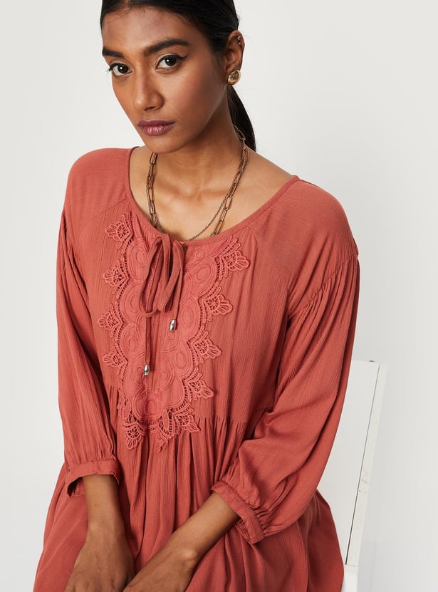 Women Lace Yoke Tie-Up Neck Tunic