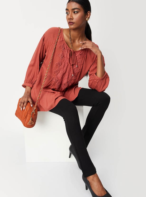 Women Lace Yoke Tie-Up Neck Tunic