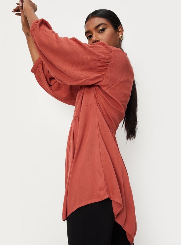 Women Lace Yoke Tie-Up Neck Tunic