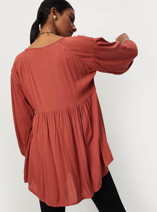 Women Lace Yoke Tie-Up Neck Tunic
