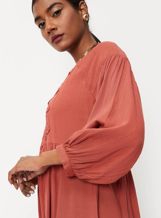 Women Lace Yoke Tie-Up Neck Tunic