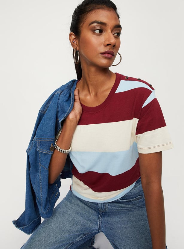 Women Striper Button-Detailed T-shirt