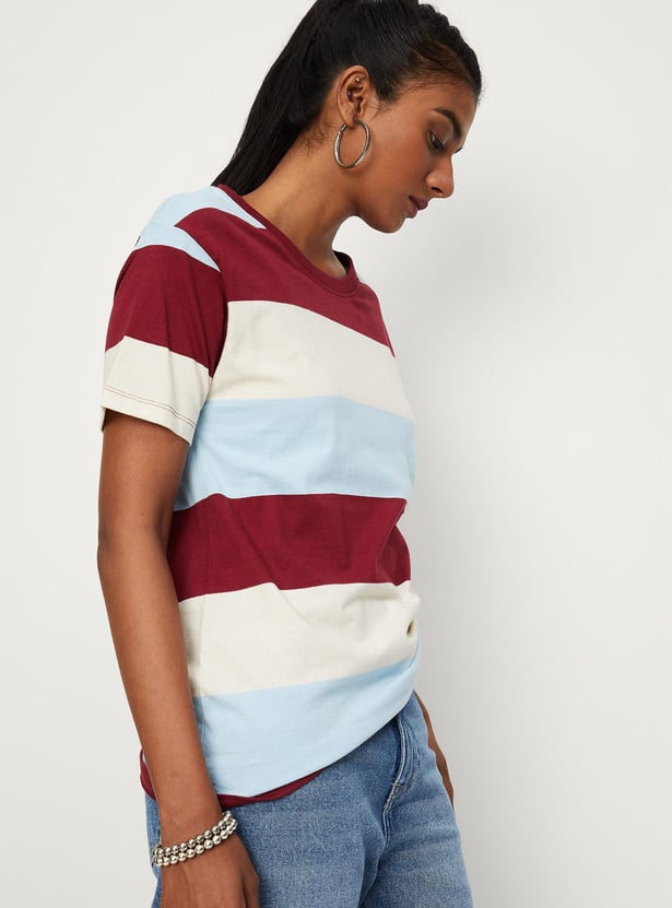 Women Striper Button-Detailed T-shirt