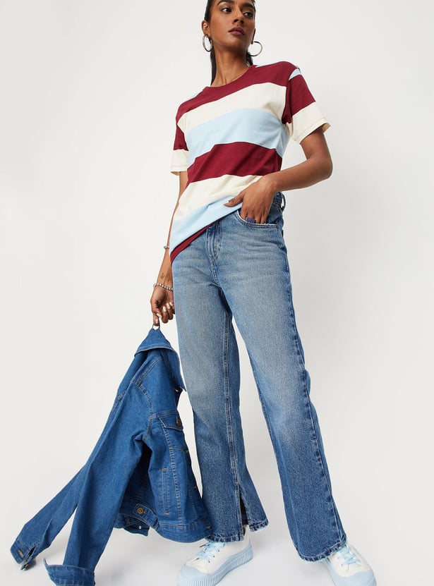 Women Striper Button-Detailed T-shirt