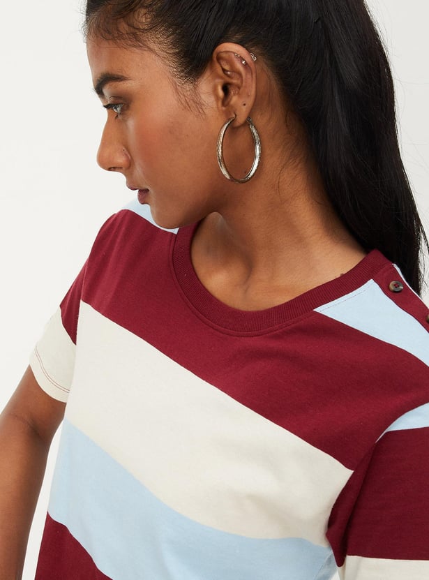 Women Striper Button-Detailed T-shirt