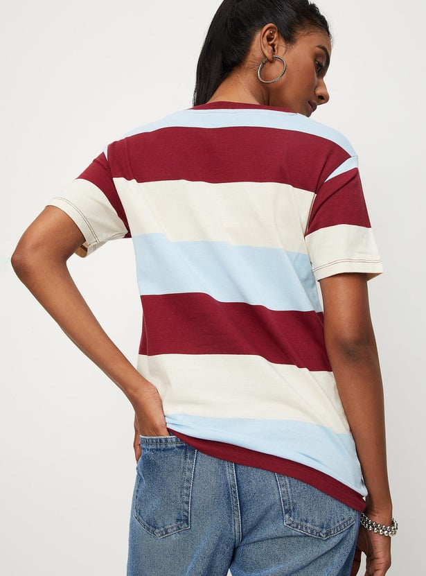 Women Striper Button-Detailed T-shirt